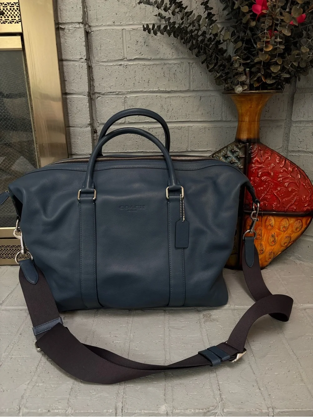 Coach Navy Leather Duffel with Detachable Strap